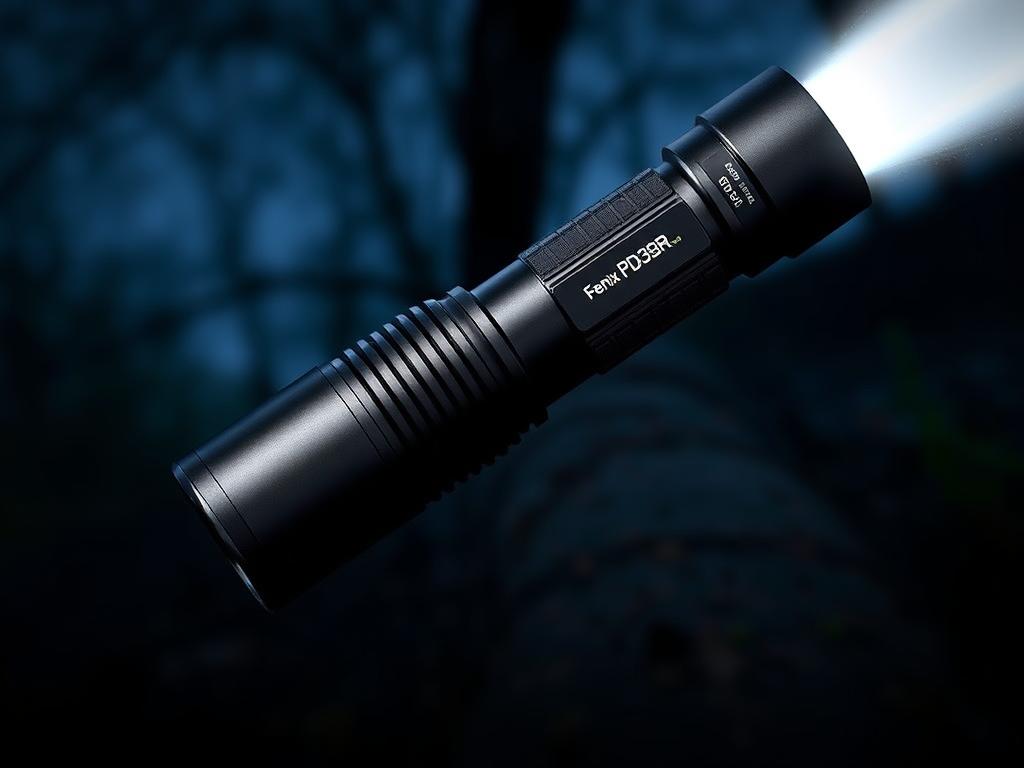 Fenix PD36R Pro flashlight with beam illuminating a dark outdoor scene, showcasing its 2,800 lumen brightness