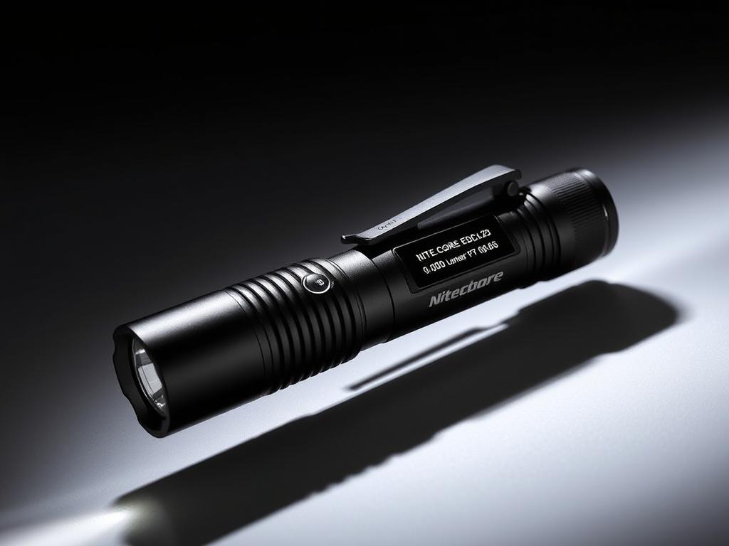 Nitecore EDC27 flashlight showing its slim design with OLED display and pocket clip for everyday carry