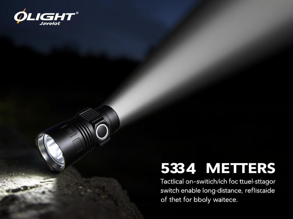 Olight Javelot Mini flashlight demonstrating its impressive beam distance of 584 meters despite compact size