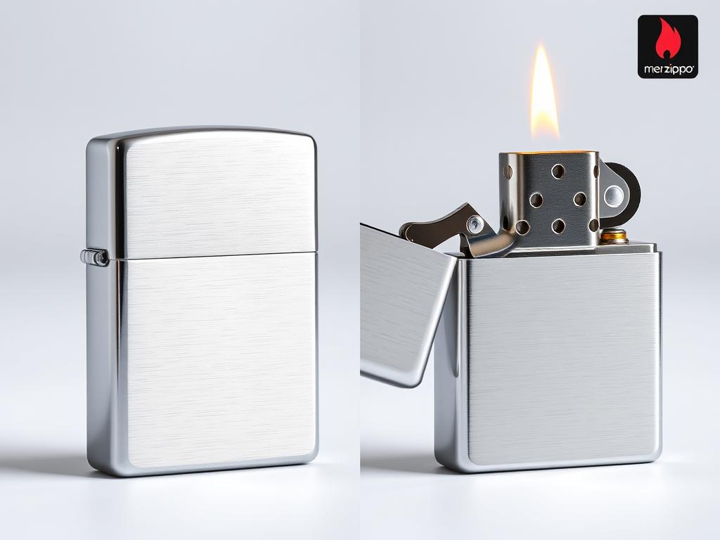 Zippo Classic Brushed Chrome Lighter showing front and open flame