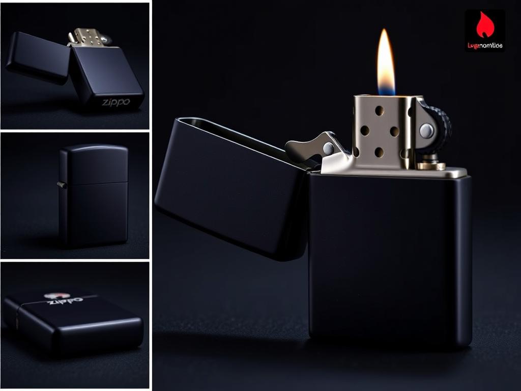 Zippo Matte Black Lighter with open flame against dark background