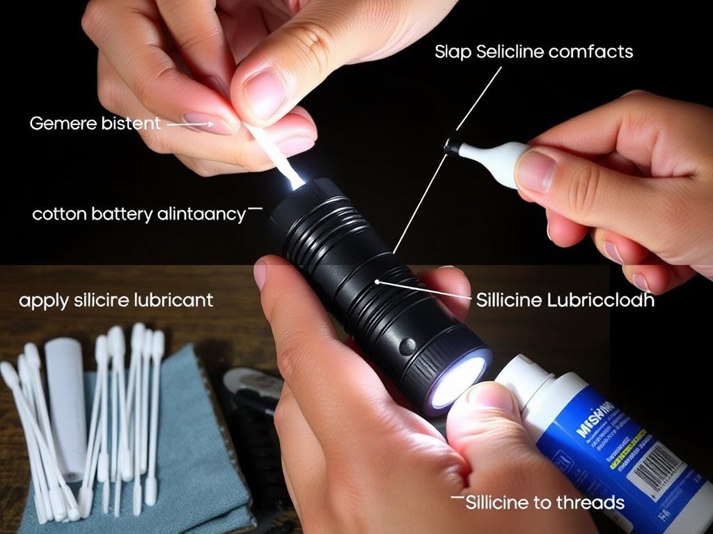 Person cleaning and maintaining a camping torch, demonstrating proper care for best camping torches