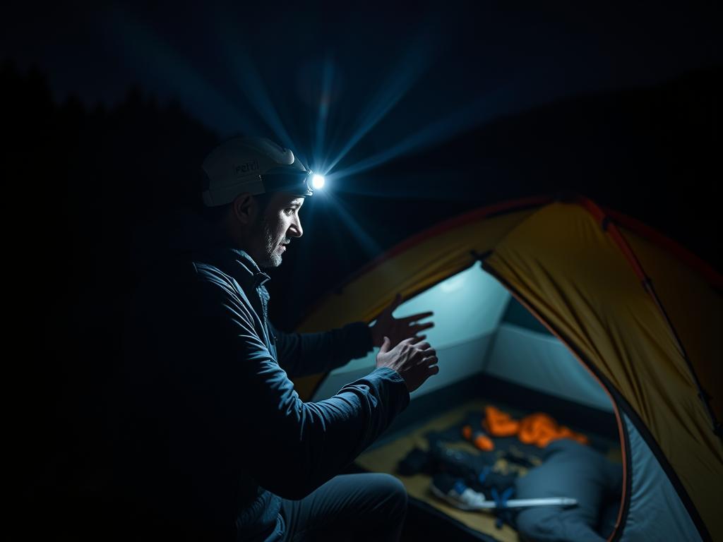 Person wearing a Petzl headlamp while setting up a tent at night, demonstrating hands-free best camping torches