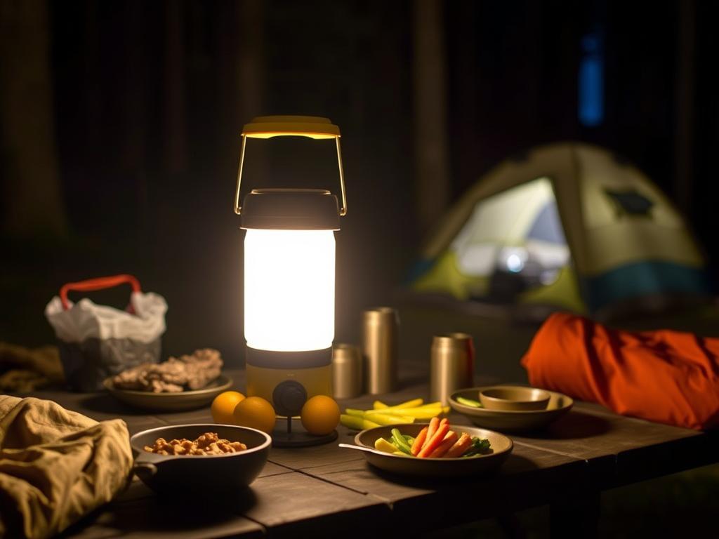 d.light Solar Lantern illuminating a campsite table at night, showing ambient lighting from best camping torches
