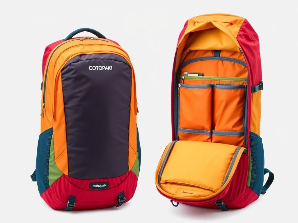 Cotopaxi Allpa 35L Travel Pack in vibrant colors with main compartment open