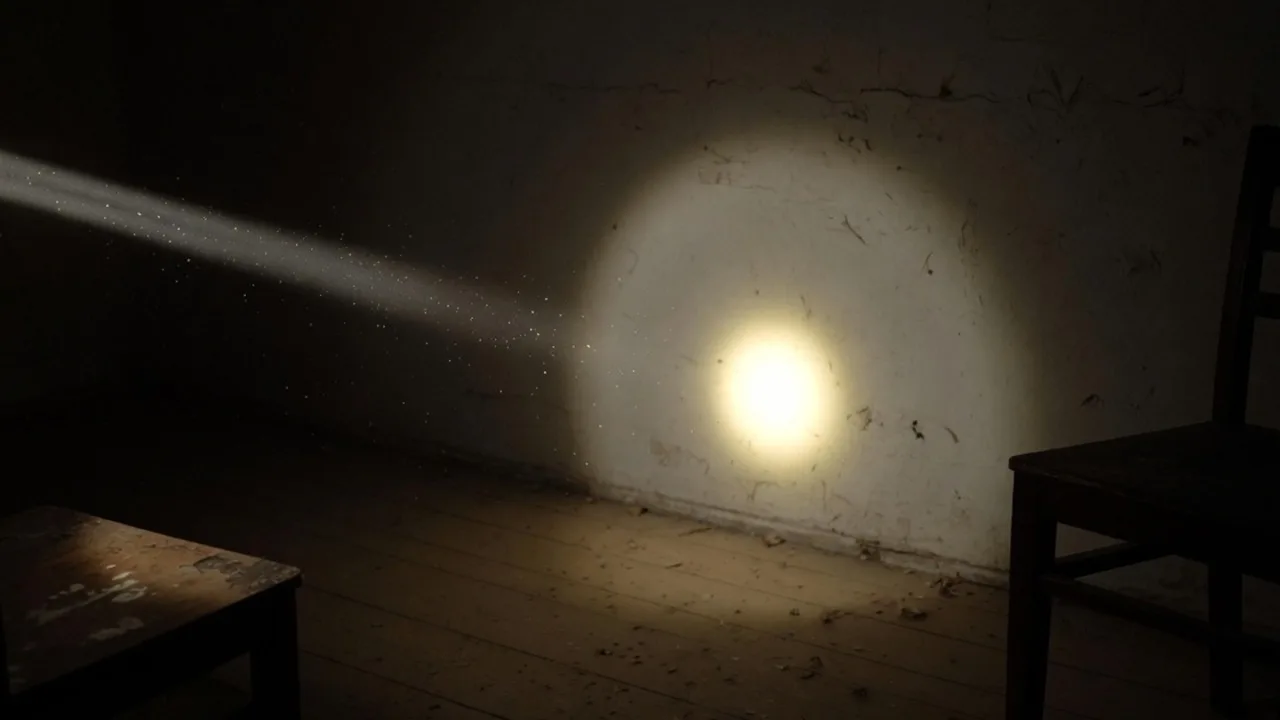 A tightly focused flashlight beam throwing a small, intense circle of light onto the far wall of a dark room, with dust drifting through the beam.