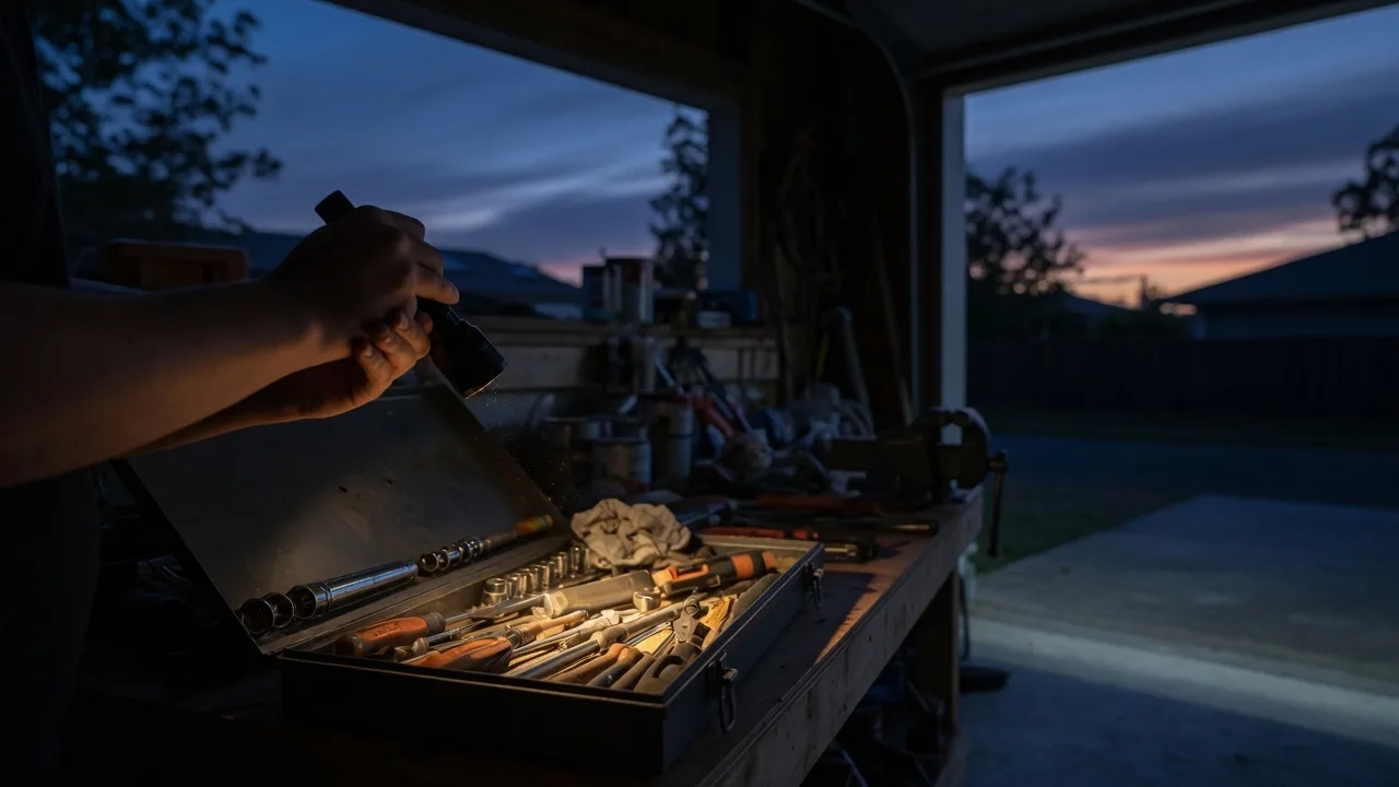 Hands aiming a small flashlight into an open toolbox in a garage at dusk.