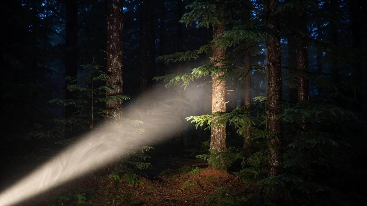 A flashlight beam cutting through mist between conifer trunks in a dark forest at night.