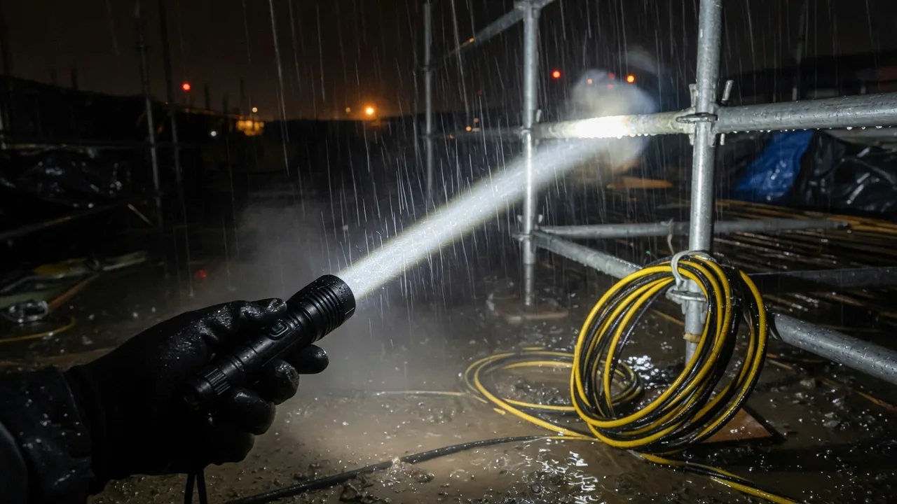 A gloved hand aiming a flashlight across wet scaffolding and coiled cable in the rain at a night worksite.