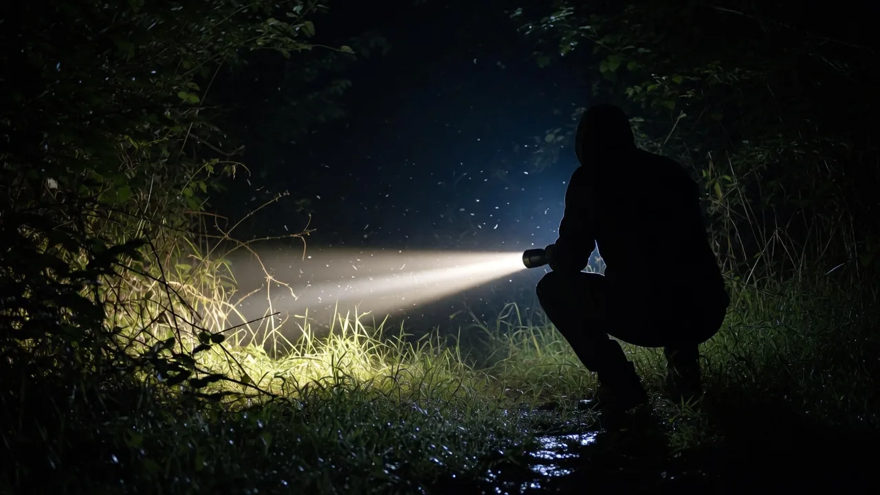 A crouched figure sweeping a flashlight beam low across wet grass and brambles at night.